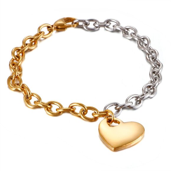 3/$35 18K Gold Plated & Silver Heart Charm Bracelet Two Tone Chain Link Jewelry - Picture 9 of 9